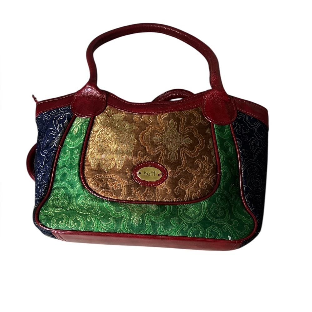 Red and Green Quilted Shoulder Bag with Textured Panels